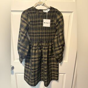 NWT Wray Lana Dress green weave plaid shirred women’s xs X-small new